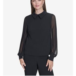 Halston Heritage Black Top with Beaded Collar